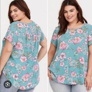 Torrid Floral Blouse - Teal and Pink